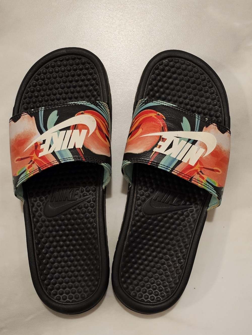 Nike Black Benassi Slides with Coral & Teal Floral Strap